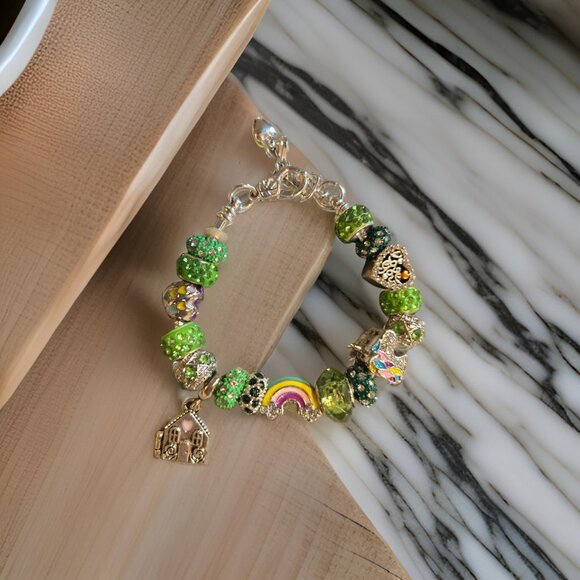 Green Charm Bracelet~ unicorn, rainbow etc - Picture 2 of 2